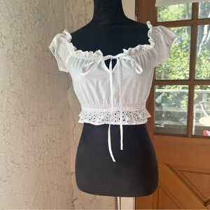🦋 PrettyLittleThing White Eyelet Tie Front Frill Short Sleeve Crop Top Blouse